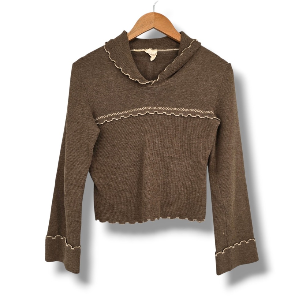 The Red Eye Vintage Brown Scalloped Knit Sweater Long Sleeve Collared Top Large